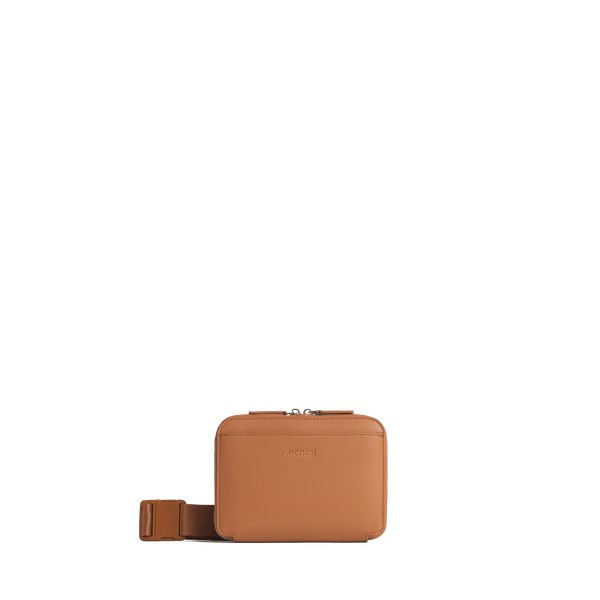 Saddle Tan (Vegan Leather) Scaled | Front view of Metro Belt Bag in Saddle Tan