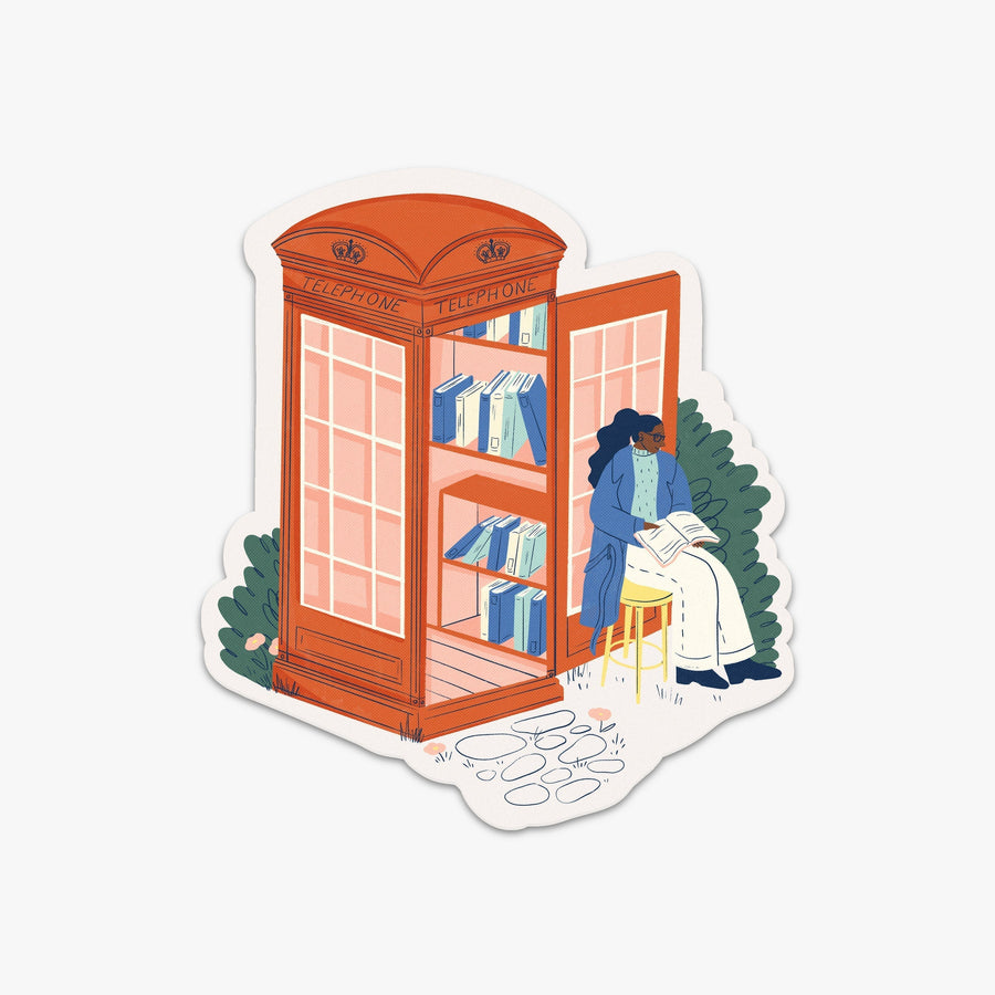 London | London Destination Stickers telephone booth with books inside and a woman reading