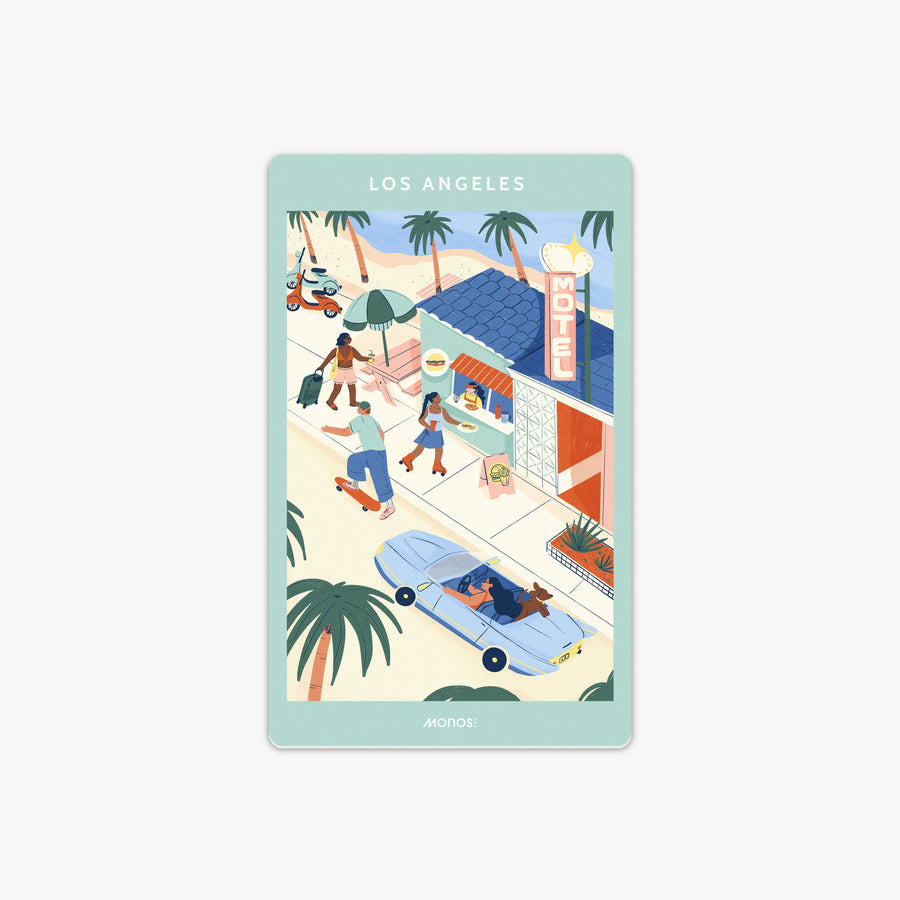 Los Angeles | Los Angeles Destination Stickers city street view with food shop, a car and people walking