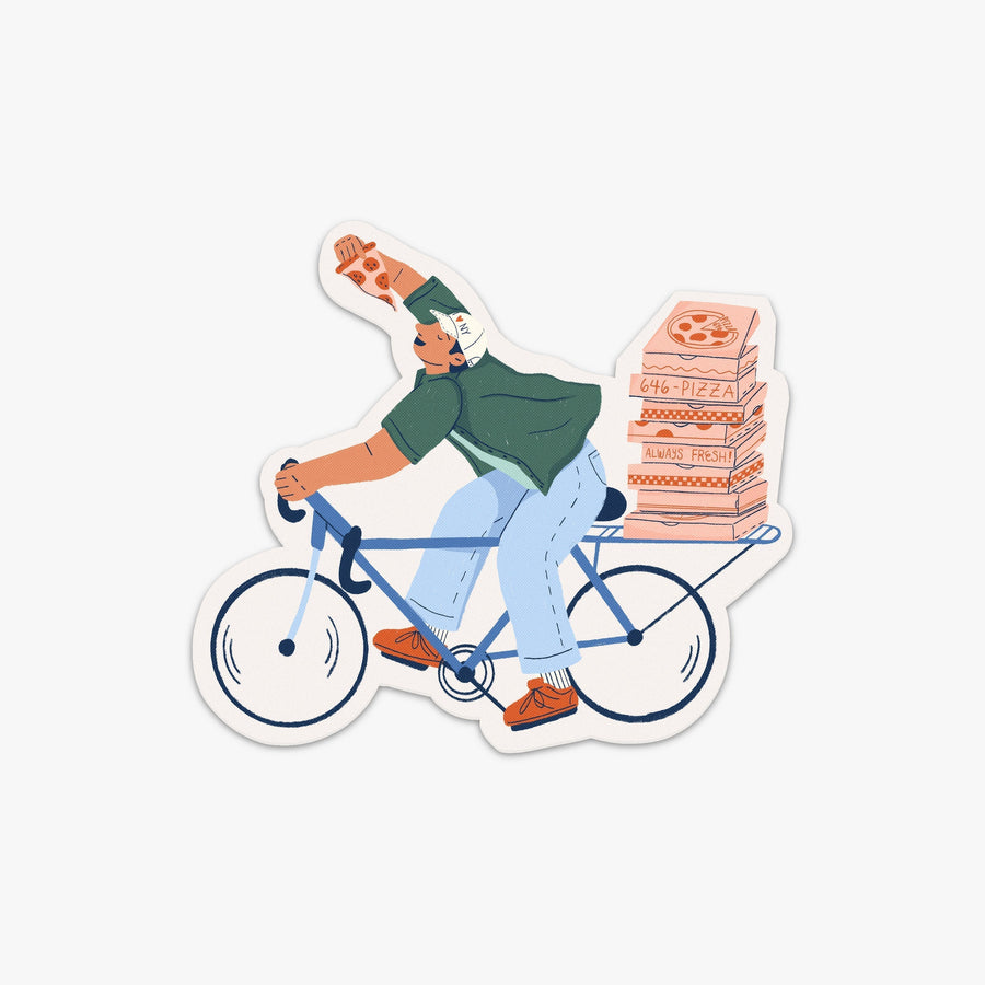 New York | New York pizza delivery guy in bicycle eating pizza
