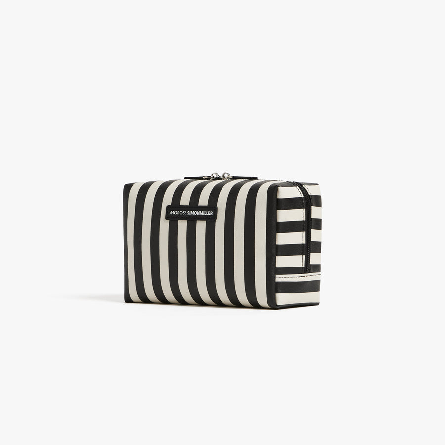 Large / Poplin Stripe Black | Angled view of the Metro Toiletry Case large in Poplin Stripe Black