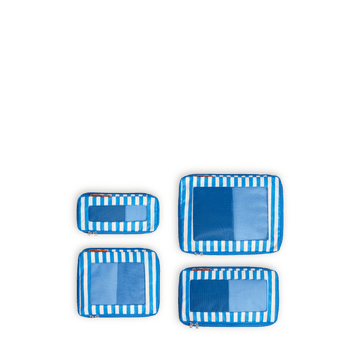 Set of four Poplin Stripe Coastal Blue compressible packing cubes arranged flat to show all sizes