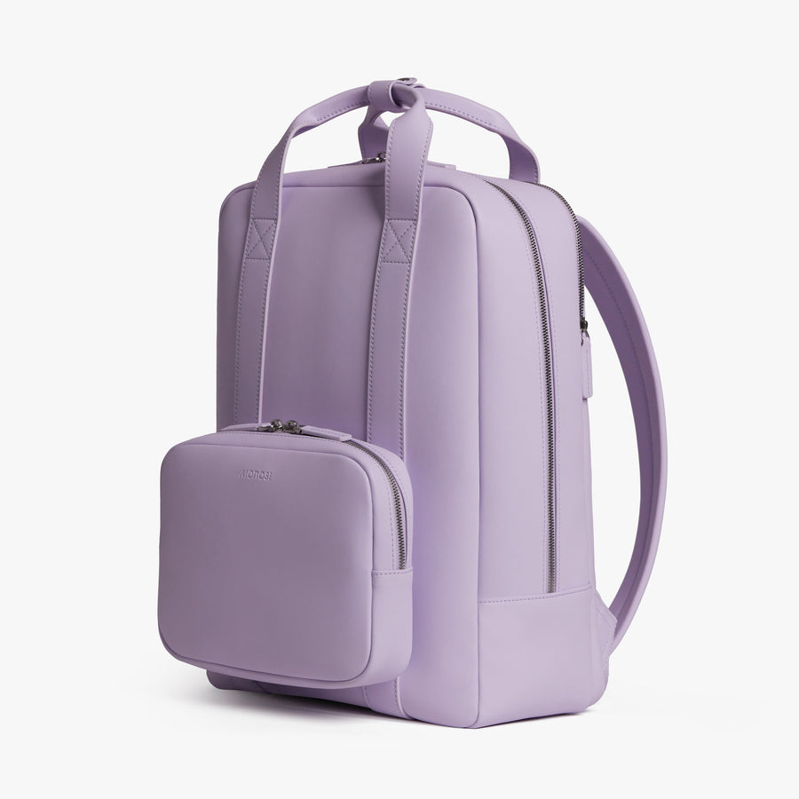 Purple Icing (Vegan Leather) | Angled view of Metro Backpack in Purple Icing