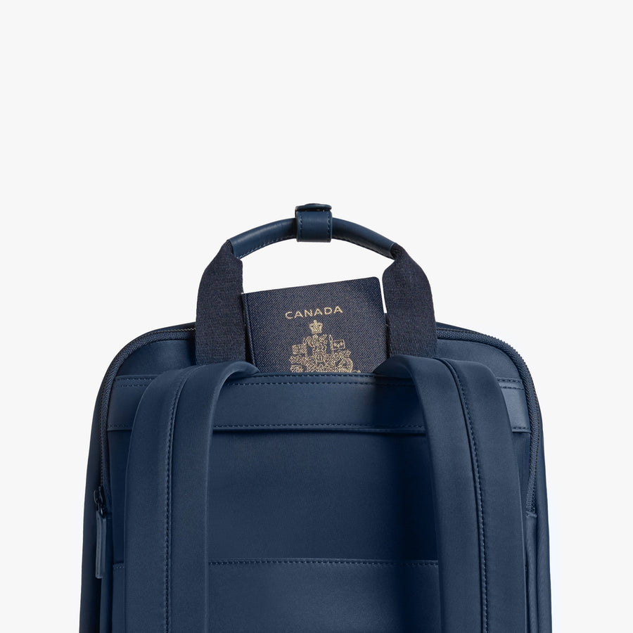 Oxford Blue | Handle view of Metro Backpack Oxford Blue