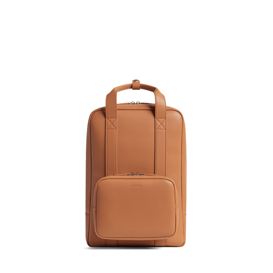 Saddle Tan (Vegan Leather) Scaled | Front view of Metro Backpack Saddle Tan