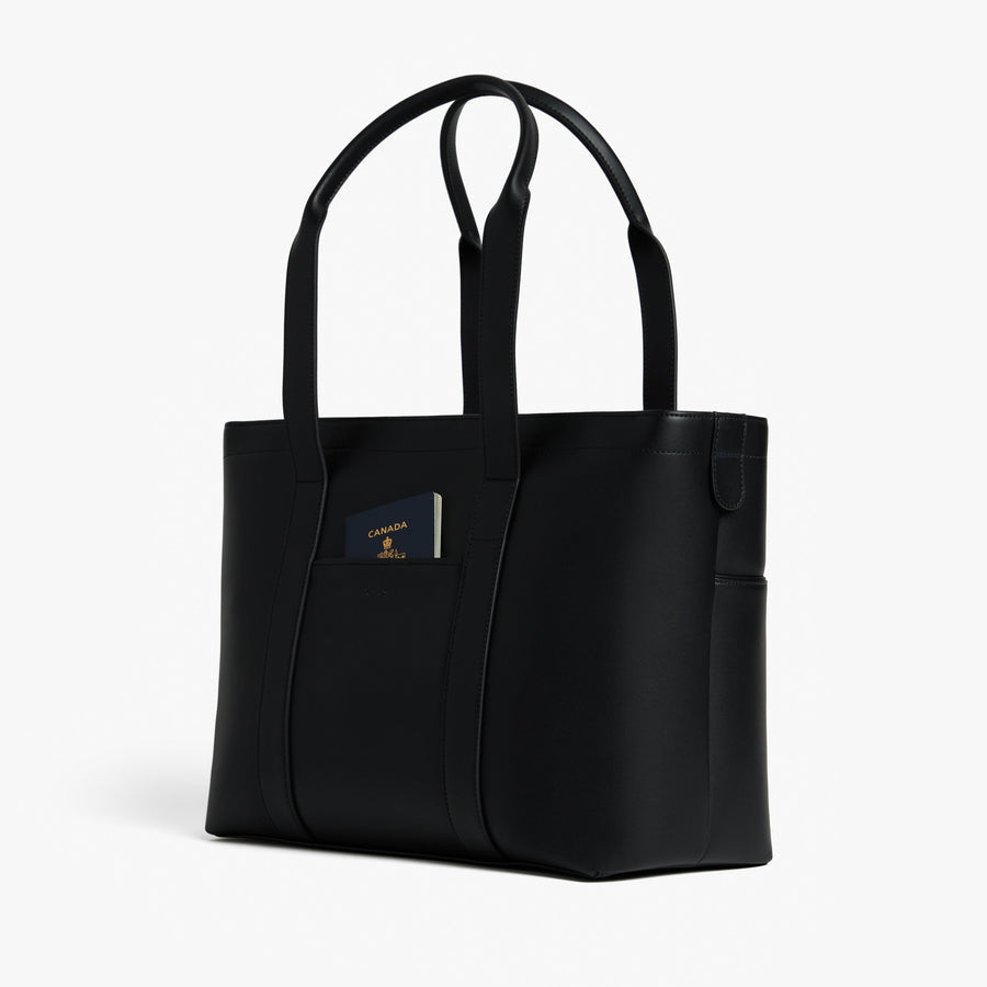 Carbon Black (Vegan Leather) | Angled view of Metro Tote in Carbon Black